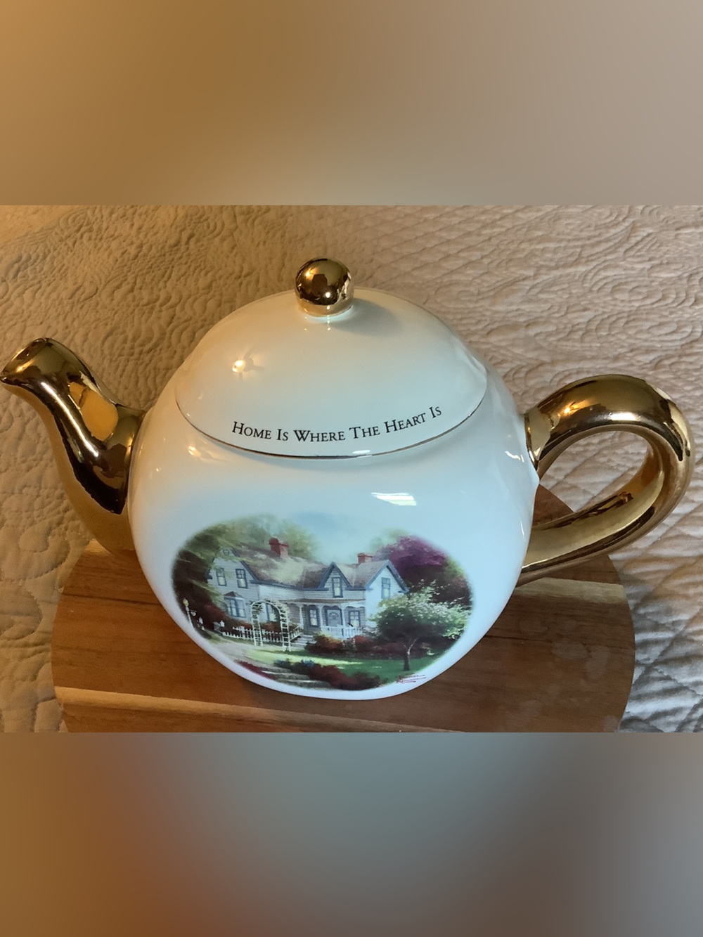 Thomas Kinkade White and Gold Teapot – "Home Is Where The Heart Is"